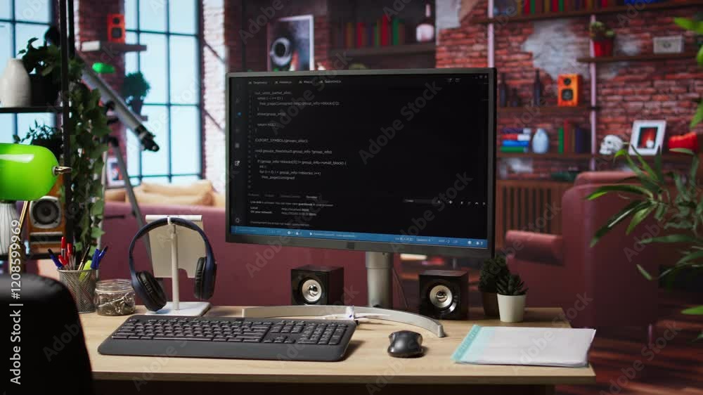 Fototapete Programming language code editor software UI on computer display in home workspace, jib down shot. Lines of code displayed on PC monitor used to power digital software apps
