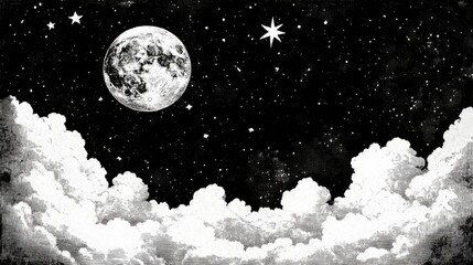 Vintage celestial scene with moon, stars, and clouds in night sky