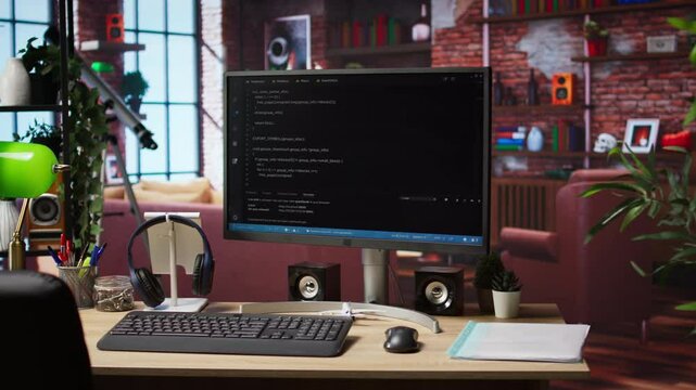 Programming language code editor software UI on computer display in home workspace, jib down shot. Lines of code displayed on PC monitor used to power digital software apps