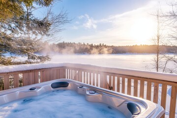 Relaxing in a hot tub with a serene view of a snowy lake during sunset