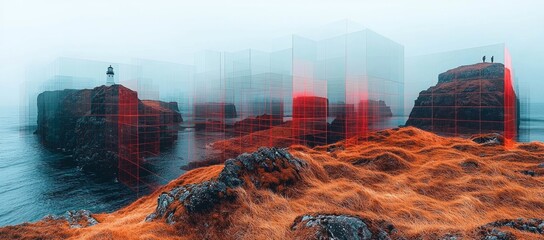 Coastal lighthouse, misty landscape, futuristic overlay, people on cliff