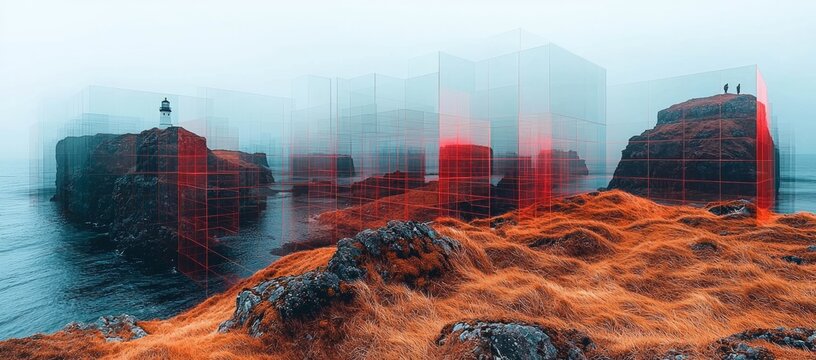 Coastal lighthouse, misty landscape, futuristic overlay, people on cliff