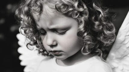 Fototapeta premium Curly-haired child with angel wings displays a thoughtful expression in a serene outdoor setting during daylight