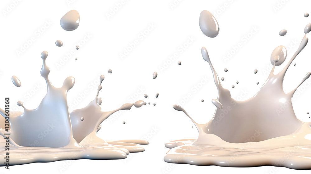 Poster dynamic splashes of milk on transparent background generative ai