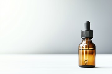 Single amber glass dropper bottle with clear liquid and black cap on white surface illuminated by sunlight