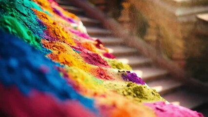 Colorful powder flying dynamically across temple steps, wind dispersing vibrant pigments in artistic motion during traditional Holi festival celebration