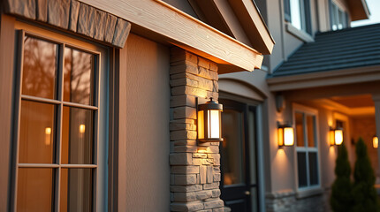 Illuminated Brick House Exterior at Dusk: Warm Evening Light on Residential Building Facade