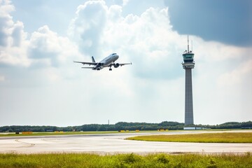 Fototapeta premium Airplane takes off in front of control tower under a cloudy sky with faded colors