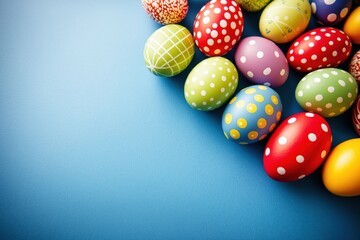 Colorful handmade Easter eggs displayed on a soft blue background for the holiday season showcasing minimal abstract design and muted tones