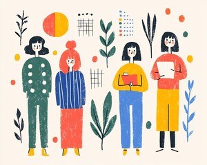 Modern teamwork illustration abstract tools charts soft pastel tones with clean minimalistic characters