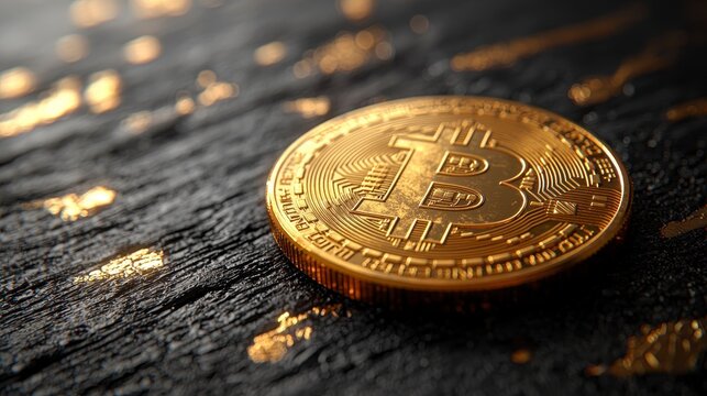 Close-up of a gold Bitcoin cryptocurrency coin on a dark textured surface. (1)