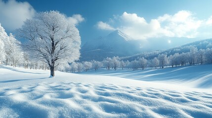 A close-up of fresh snowflakes covering a branch, with a backdrop of blurred snow-covered trees. 340