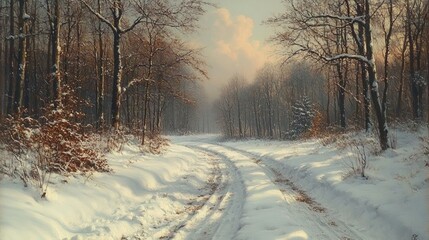 A tranquil, snow-covered village at dusk, with soft light spilling from windows and snow gently falling. 348