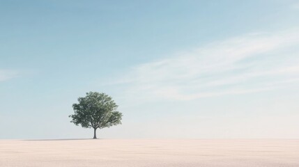 Solitary tree in vast, pale landscape under a serene blue sky.