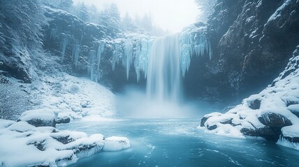 A frozen pond surrounded by snow-covered trees and a thin layer of mist rising from the icy surface. 366