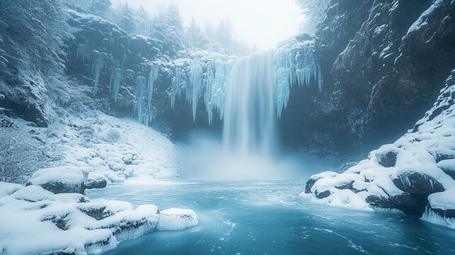 A frozen pond surrounded by snow-covered trees and a thin layer of mist rising from the icy surface. 366