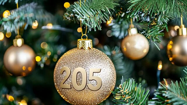 Glittering golden ornament with the number 205 hanging from a festive Christmas tree decorated with lights