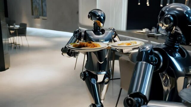 Sleek humanoid robots serving gourmet dishes in luxurious restaurant setting, embodying cutting edge culinary automation and technological innovation