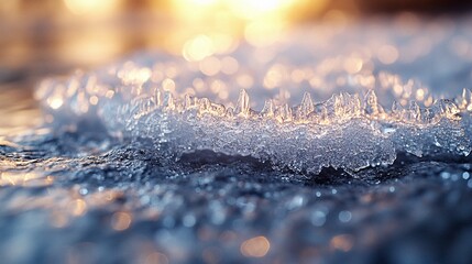 Close-up of delicate ice crystals forming intricate patterns on a frosty window pane. 403