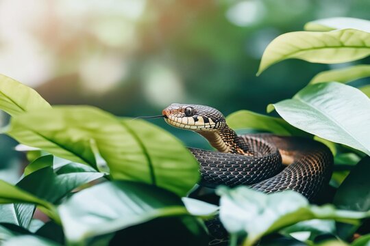 Portrait of a black mamba Dendroaspis polylepis with tongue extended among green leaves in a dark setting