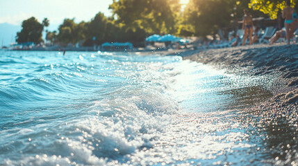 A peaceful beach scene with soft waves and a blurred solitary figure walking along the shore, reflecting on life, bright tone, modern and empty space for captions to evoke calm and introspection

