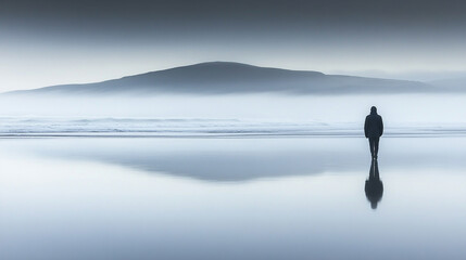 A peaceful beach scene with soft waves and a blurred solitary figure walking along the shore, reflecting on life, bright tone, modern and empty space for captions to evoke calm and introspection


