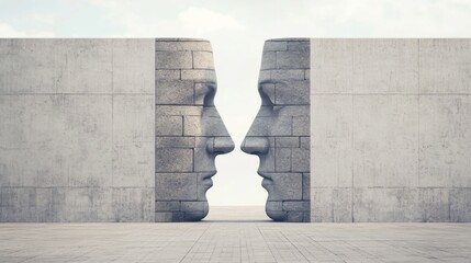 Two stone faces embedded in a wall, facing each other, symbolizing communication and connection.