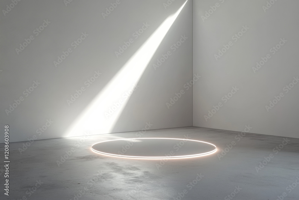 Poster light beam creates a circular pattern on the ground in an empty room during daytime