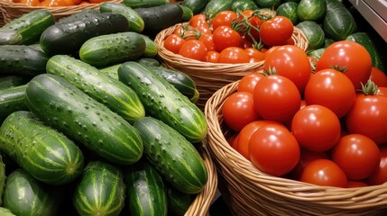 Fresh Cucumbers and Ripe Tomatoes in a Vibrant Grocery Display with Baskets Highlighting Healthy and Colorful Vegetables for a Wholesome Culinary Experience