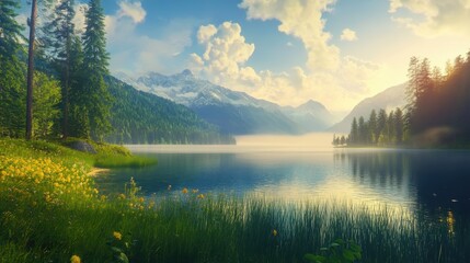 Naklejka premium Serene mountain lake at sunrise with lush forest and wildflowers