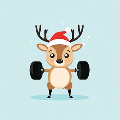 Fototapeta premium A modern cartoon depiction of a Christmas reindeer performing dumbbell exercises for design purposes