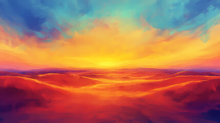 Breathtaking sunset illuminating lush vibrant desert sand dunes under majestic colorful sky exquisite gradients soft texture, orange, red, yellow, landscape. Amber Dunes. Illustration