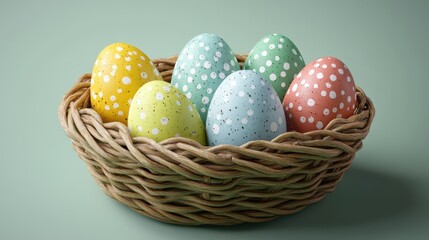 Obraz premium Vibrant easter eggs in woven basket for seasonal decoration and celebration