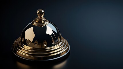 Elegant golden service bell on dark background with reflection