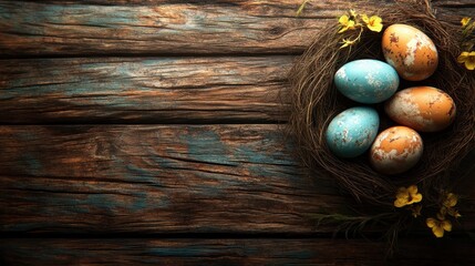 Colorful easter eggs in nest on rustic wooden background with spring flowers