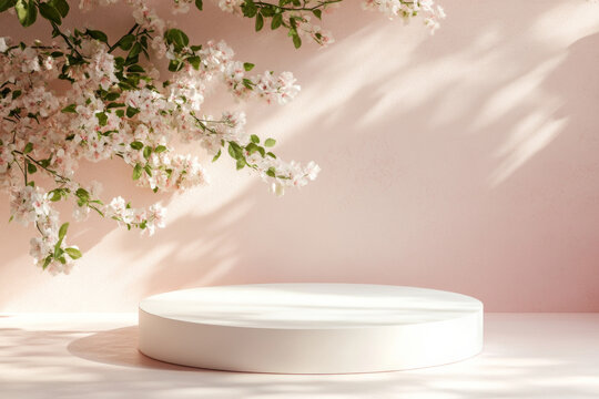 Showcase of a round display against a backdrop of delicate roses in soft pink hues