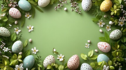Easter frame background with colorful eggs and spring foliage for festive design