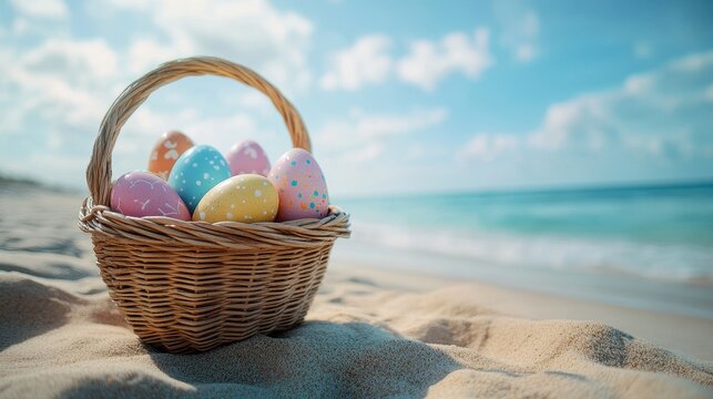 Vibrant painted easter eggs in wicker basket on sandy beach