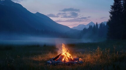 Campfire in misty mountain valley at sunset.
