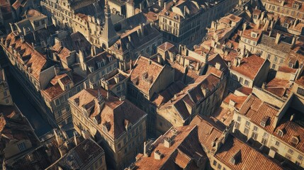 Obraz premium Aerial view of historic european city with red roofs and narrow streets