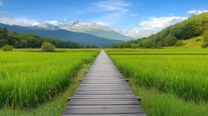 A serene wooden path stretches through lush green fields, leading towards majestic mountains under a clear blue sky.