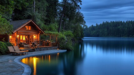 Fototapeta premium A serene lakeside cabin glows warmly at dusk, surrounded by trees, reflecting peaceful beauty in calm waters.