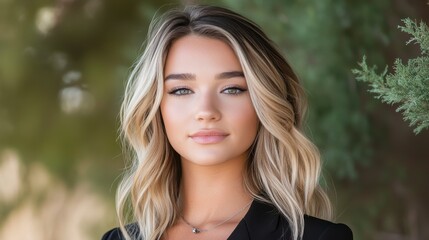 Fototapeta premium Young Woman with Long Hair Smiling in Natural Outdoor Setting