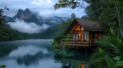 Naklejka premium A serene lakeside cabin surrounded by lush greenery and mountains, illuminated by soft light under a cloudy sky.