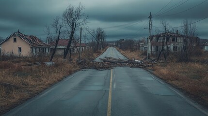 A desolate road leads through abandoned buildings under a moody sky, with debris blocking the path, evoking a sense of isolation and decay.