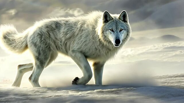 White wolf walks through snowy landscape during winter in a remote wilderness setting at dawn