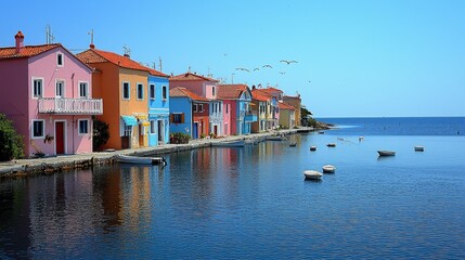 Obraz premium Colorful waterfront houses, calm sea, sunny day, idyllic village scene; tourism