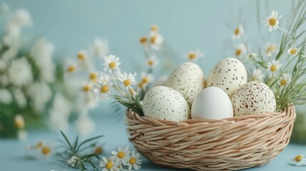 Easter eggs and daisies in woven basket on light blue background for spring decor