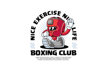 boxing helmet headgear protection retro cartoon character mascot illustration with walking pose and showing ok hand for boxing training fighter fitness sport club mascots and merchandise