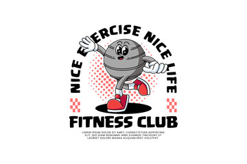 gym ball, stability balls, fit ball fitness retro cartoon character mascot illustration with dancing and flying pose for fitness gym bodybuilding sport club mascots and merchandise